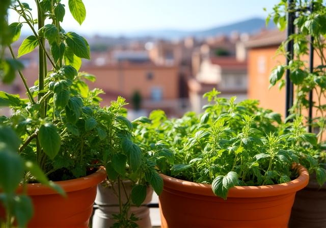 Orto urbano rigoglioso su un terrazzo romano tipico