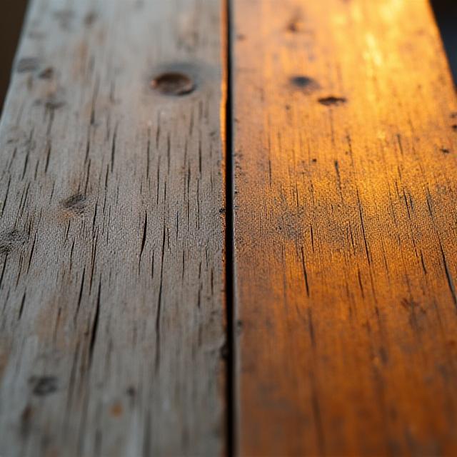 Dettaglio di un tavolo in legno parzialmente restaurato con venature in evidenza.